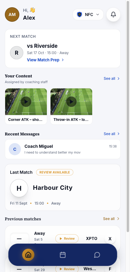 Player app home: next match, assigned clips and recent messages